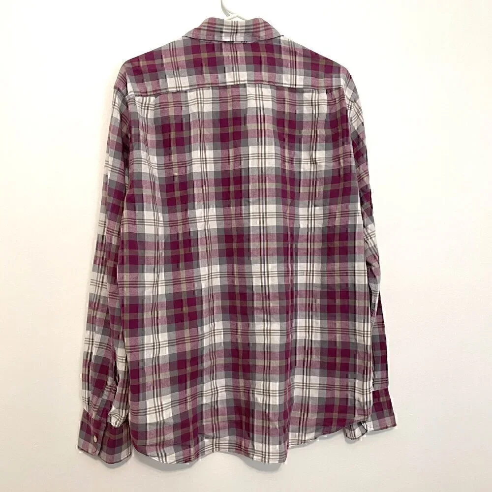 J. CREW Mens Madras Shirts Tailored Purple Gray Plaid Long Sleeve Button Down L